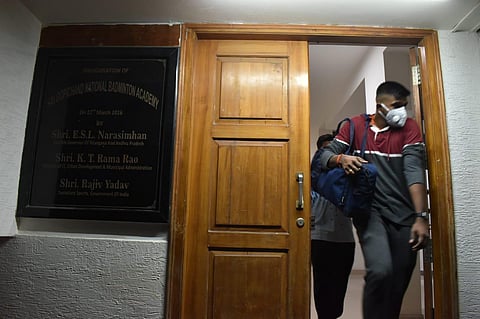 Chirag Shetty and Satwiksairaj Rankireddy leaving Gopichand academy due to the coronavirus scare in Hyderabad.(Photo |  Express / S Senbagapandiyan)