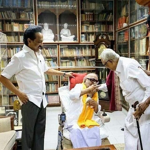 K Anbazhagan (right) with late DMK leader M Karunanidhi and his son and the current DMK chief MK Stalin. (Photo | EPS)