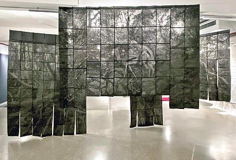 Marta Roberti’s ephemeral installations; (right) Gopa Trivedi and her artwork, ‘Saffron’