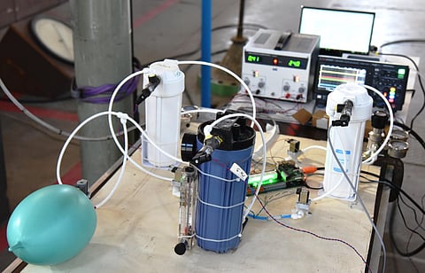 A bench-top test setup assembled at the IISc high-speed wind tunnel complex to experimentally test ideas and concepts during the ventilator prototype development phase. A test lung (seen on the bottom left of the image) is used in these experiments to rou