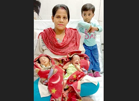Mother Preeti Verma with her newborn twins. (Photo| EPS)