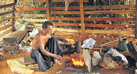 Sasi Narayanan at work in his traditional smithy at Perumballichira near Thodupuzha in Idukki | SHIYAMI