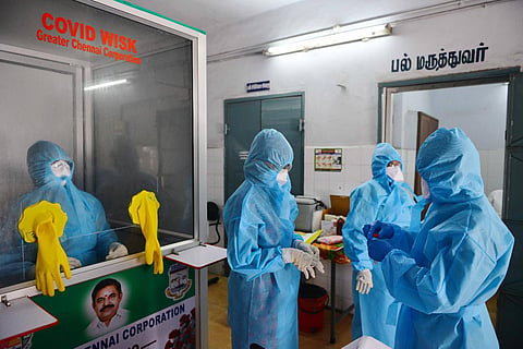 A covid-19 sample collection kiosk installed at Public Health Laboratory and Health Care Center at Pudupet in Chennai. Tamil Nadu on April 12 crossed the 1000-mark in COVID-19 positive cases. (Photo | EPS/Debadutta Mallick)