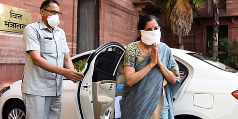 Finance Minister Nirmala Sitharaman at her office during the 20th day of COVID-19 lockdown in New Delhi. (Photo| Parveen Negi, EPS)