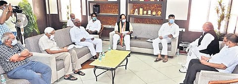 Nalgonda MP N Uttam Kumar Reddy with Opposition leaders during the all-party meeting at Exhibition Society Office in Nampally on Wednesday