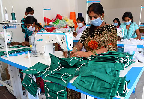 Women stitch cloth masks at Tavarakere Bengaluru Rural | Shriram B N