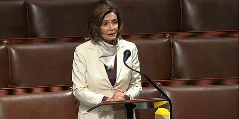 House Speaker Nancy Pelosi of California speaks on the floor of the House of Representatives at the US Capitol in Washington. (Photo| AP)
