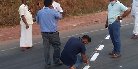 Survey officials marking the border at Thalapady. (Photo| EPS)