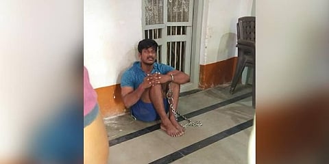 CoBRA unit cadet Sachin Savant tied in chains. (Photo | Twitter)