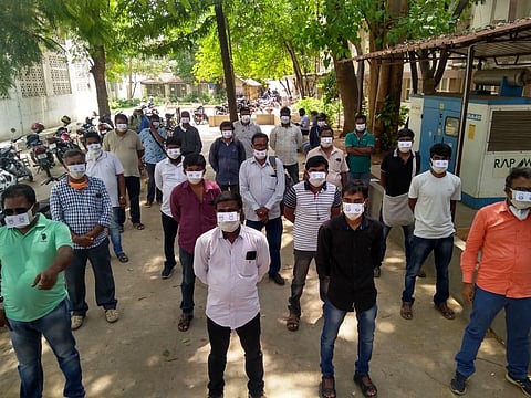 Journalists protesting at the Coimbatore district collectorate against the arrest of the news portal's CEO