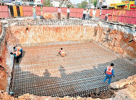 GHMC workers taking up SRDP construction work amid the  Covid-19 lockdown in Hyderabad  on Thursday