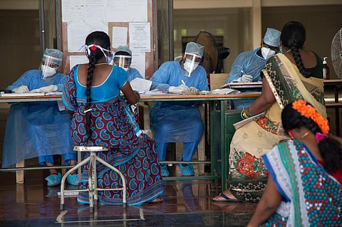 Pregnant women awaiting COVID-19 checkup at Indra Gandhi Medical college in Puducherry. (Photo.|  EPS/ G Pattabi Raman)