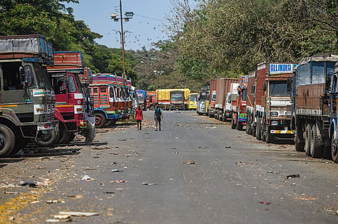 Trucks parked along both sides of a road at Cotton Green truck terminal during the nationwide lockdown imposed in wake of the coronavirus pandemic in Mumbai. (Photo | PTI)