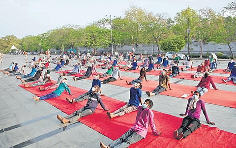 The night shelter dwellers perform yoga at Yamuna Sports Complex  | Anil Shakya