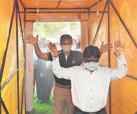 The disinfection tunnel set up at NTR  Stadium in Guntur (Photo | EPS)