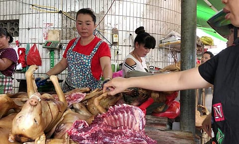 This photo taken on June 20, 2018 shows a customer (R) selecting dog meat at the Dongkou market in Yulin in China.(Photo| AFP)
