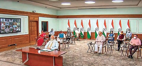 Prime Minister Narendra Modi interacts with CMs via video conferencing on Monday | pti