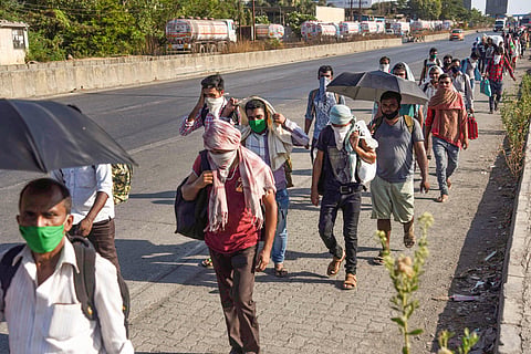 Migrants travelling from Rabale walk along a road to reach their native places in Bihar during the ongoing nationwide COVID-19 lockdown in Navi Mumbai Tuesday May 12 2020. (Photo | PTI)