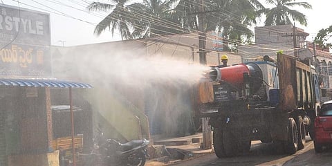 Disinfectant being sprayed at  RR Venkatapuram. (Photo | EPS)