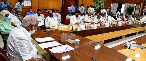 Chief Minister of Karnataka BS Yediyurappa interacts with leaders of Opposition and all party meeting on  COVID 19 preparedness ,during the nationwide lockdown in the wake of novel coronavirus (COVID 19) pandemic, in Bengaluru. (Photo | Express)