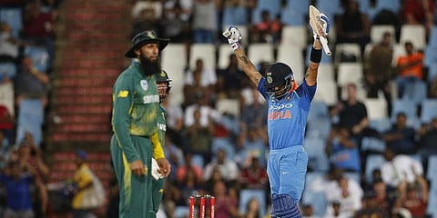 Indian skipper Virat Kohli celebrates after scoring a century during the sixth ODI vs South Africa at the Super Sport Park in Centurion. (File photo| AFP)
