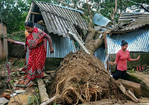 Residents inspect their damaged house after a tree fell on it during Cyclone Amphan in Burdwan district. (Photo | PTI)