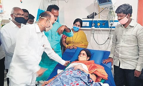 BJP State president Bandi Sanjay Kumar meets Yacharam MPP Koppu  Sukanya at a private hospital in Hyderabad on Thursday