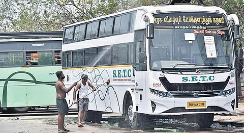 Preparations underway at the Koyambedu terminus in Chennai on Thursday  to resume bus services in the State | P Jawahar