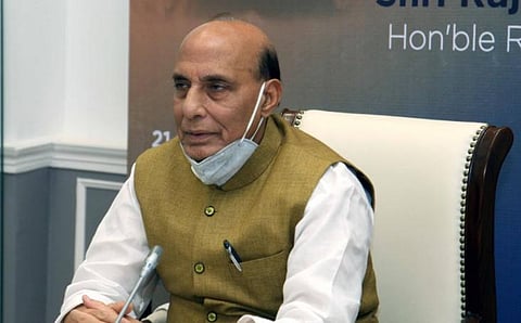 Defence Minister Rajnath Singhspotted with a mask on. (Photo | Rajnath Singh Twitter)