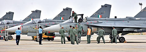 Chief of the Air Staff, Air Chief Marshal RKS Bhadauria gets down after flying the LCA Tejas MK-1 Initial Operational Clearance (IOC) fighter aircraft at Sulur Air Force Station in Coimbatore on Wednesday | U RAKESH KUMAR