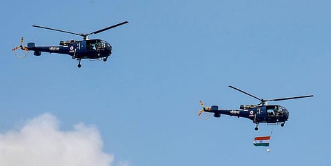 Indian Navy Helicopters fly over Marine Drive to express gratitude towards the frontline workers for their contribution in India's fight against COVID-19, in Kochi, Sunday, May 3, 2020. (Photo | PTI)