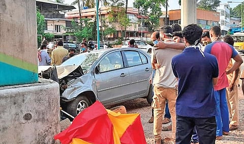 The car that hit an autorickshaw causing a mishap at Muttom near Aluva on Monday |  Express