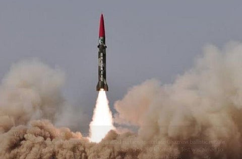 The nuclear-capable 'Ghaznavi' missile of Pakistan. (Photo | Twitter @WarsontheBrink)