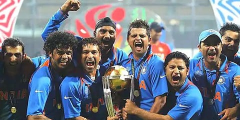 FILE | Indian Cricket Team celebrating after lifing the World Cup trophy on April 2, 2011 (File Photo | PTI)