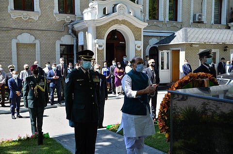 Rajnath Singh arrived in Moscow on a three-day visit on Tuesday at the invitation of the Russian Ministry of Defence to attend the 75th Anniversary of Victory Day Parade (Photo | Rajnath Singh, Twitter)