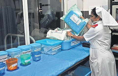 Nurses in the newly set-up isolation ward at Vijayawada government general hospital. (Photo | Prasant Madugula, EPS)