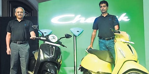 Bajaj Auto MD Rajiv Bajaj and executive director Rakesh Sharma launch Chetak 