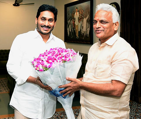Puducherry Health Minister Malladi Krishna Rao calls on Andhra Pradesh Chief Minister Y S Jagan Mohan Reddy at his office for resolving interstate issue