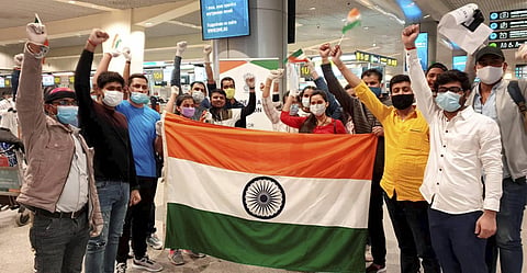 Indian nationals stranded in Moscow pose for photographs before being airlifted under Vande Bharat Mission in the wake of coronavirus pandemic. (File Photo | Twitter)