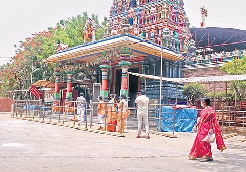 Devotees queue up outside the Peddamma Thalli Temple at Jubilee Hills