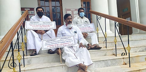 Puducherry AIADMK MLA  observe dharna in Legislative Assembly premises. (Photo | EPS)