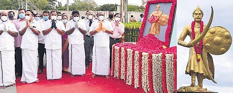 Ministers D Jayakumar, P Benjamin and K Pandiarajan paying tributes to freedom fighter Maaveeran Azhagumuthu Kone on his birth anniversary in Egmore on Saturday