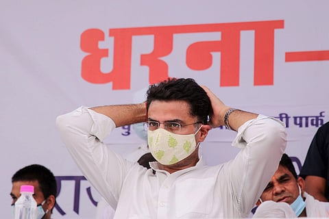 Rajasthan Congress President and Deputy CM Sachin Pilot takes part in a protest 'dharna'(Photo | PTI)