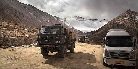 An Indian Army truck crosses Chang la pass near Pangong Lake in Ladakh region. (File photo| AP)
