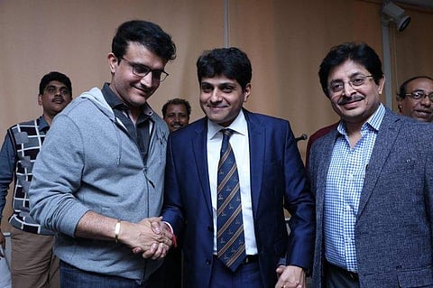 BCCI President Sourav Ganguly with president and secretary of Cricket Association of Bengal (CAB), Avishek Dalmiya (middle) and Snehasish Ganguly (right) respectively. (Photo | ANI)
