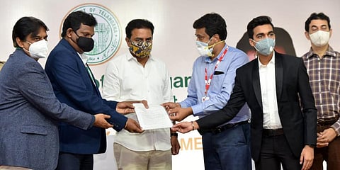 IT Minister KT Rama Rao at the Hyderabad IT GRID development meeting with industry leaders at the NSL Arena in Uppal on Wednesday. (Photo| EPS)