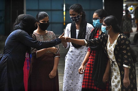Students of Girl higher secondary school, Ashok Nagar celebrate  after knowing their 12th board exam result. (Photo | Ashwin Prasath, EPS)