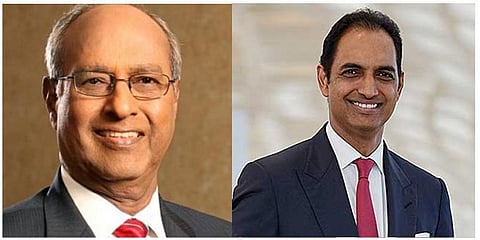 GVK group chairman GVK Reddy (L) and son GV Sanjay Reddy (Photo| Twitter, engineering.purdue.edu)