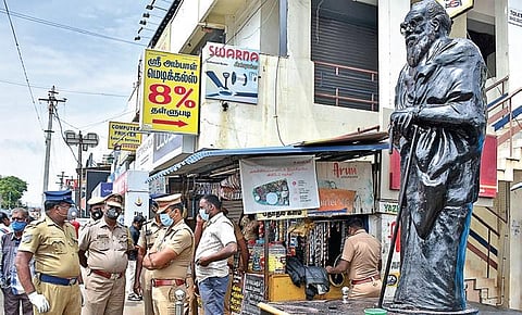 Earlier, a Periyar statue was smeared with saffron paint in Coimbatore on Friday | U Rakesh Kumar