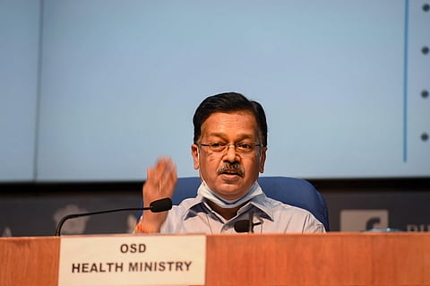 OSD at the Ministry of Health Rajesh Bhushan addresses a press conference in New Delhi. (Photo | PTI)